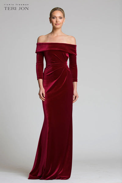 Off The Shoulder Stretch Velvet Portrait Collar Column Gown - Wine