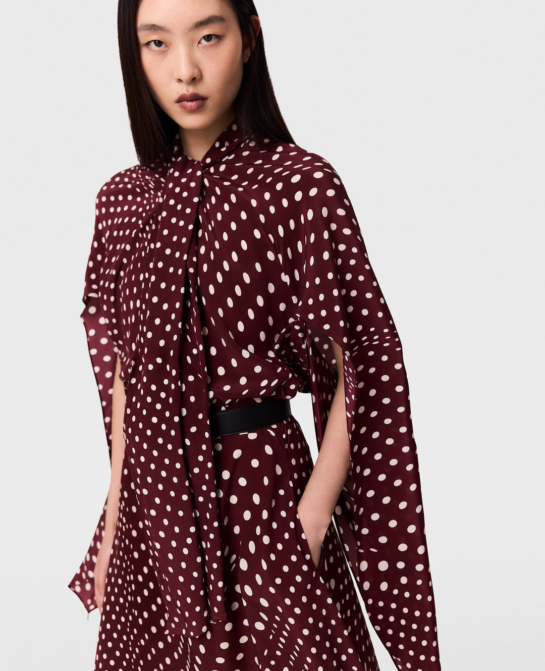 Tie-Neck Polka dot Dress - Wine