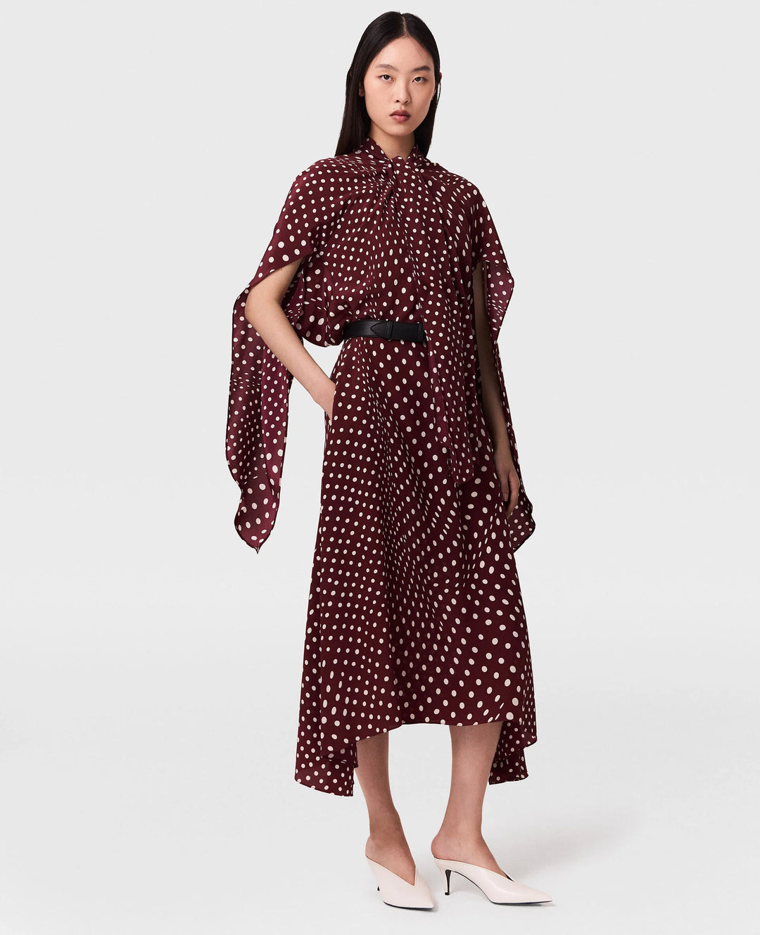 Tie-Neck Polka dot Dress - Wine