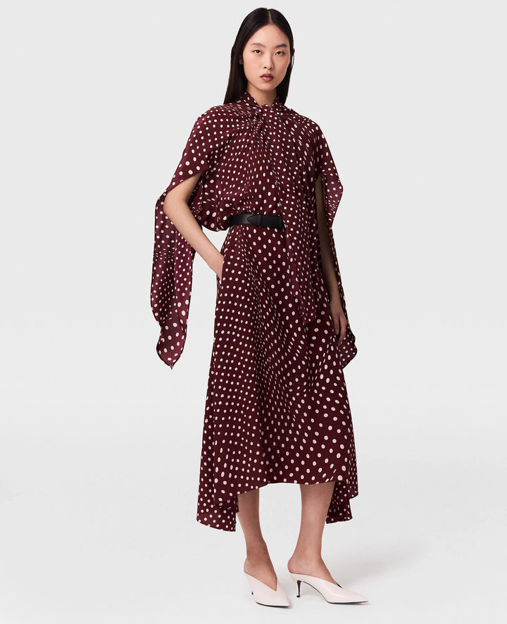 Tie-Neck Polka dot Dress - Wine