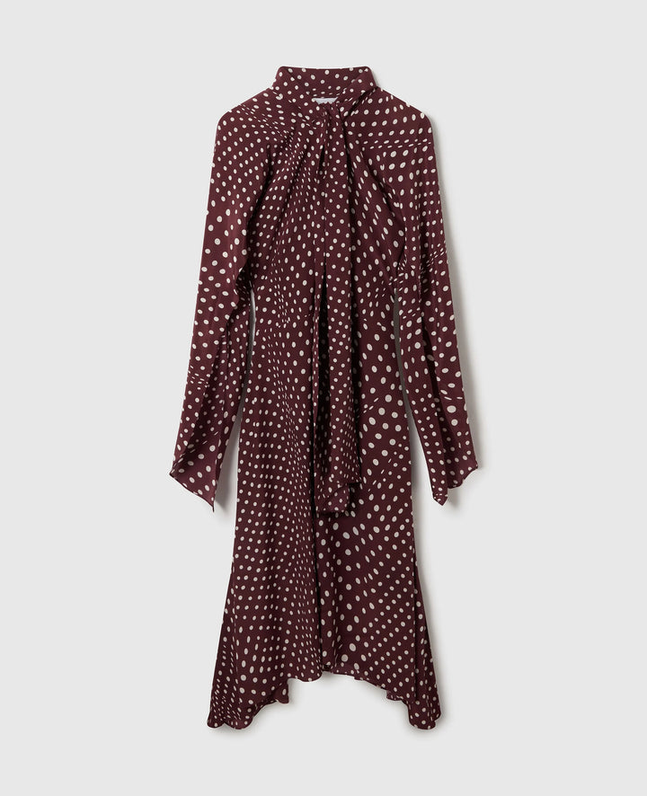 Tie-Neck Polka dot Dress - Wine