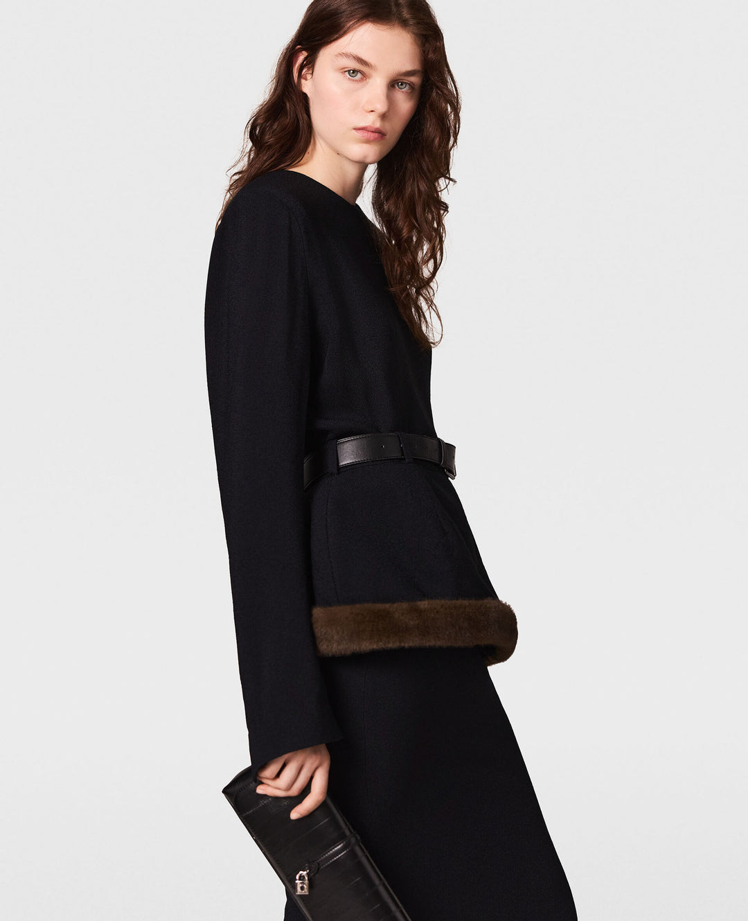 Faux Fur-Trim Midi Dress - Black