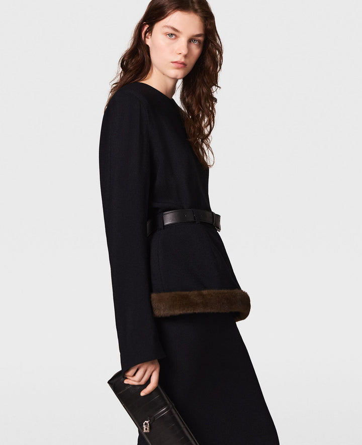 Faux Fur-Trim Midi Dress - Black