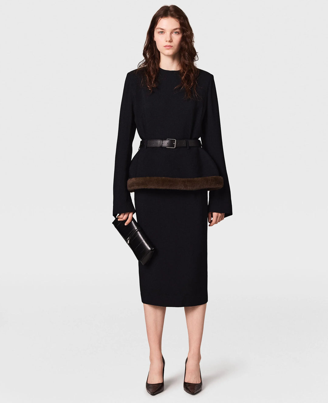 Faux Fur-Trim Midi Dress - Black