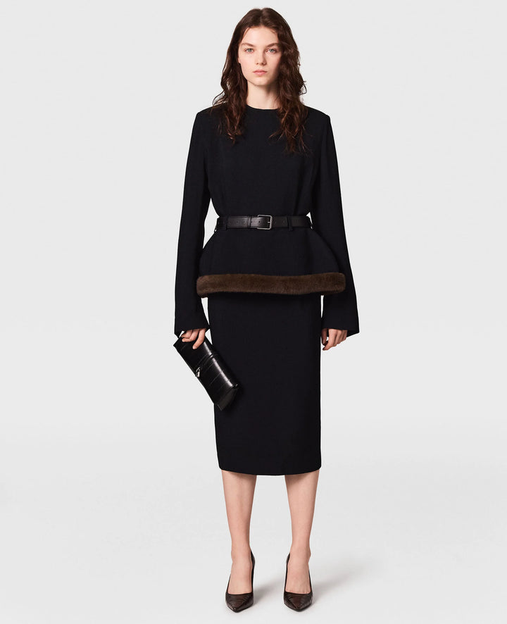 Faux Fur-Trim Midi Dress - Black