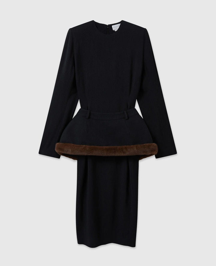 Faux Fur-Trim Midi Dress - Black