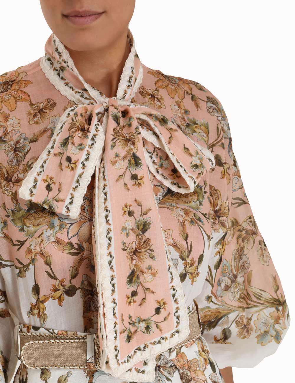 CHINTZ TIE NECK BLOUSE - Pink Daisy Floral