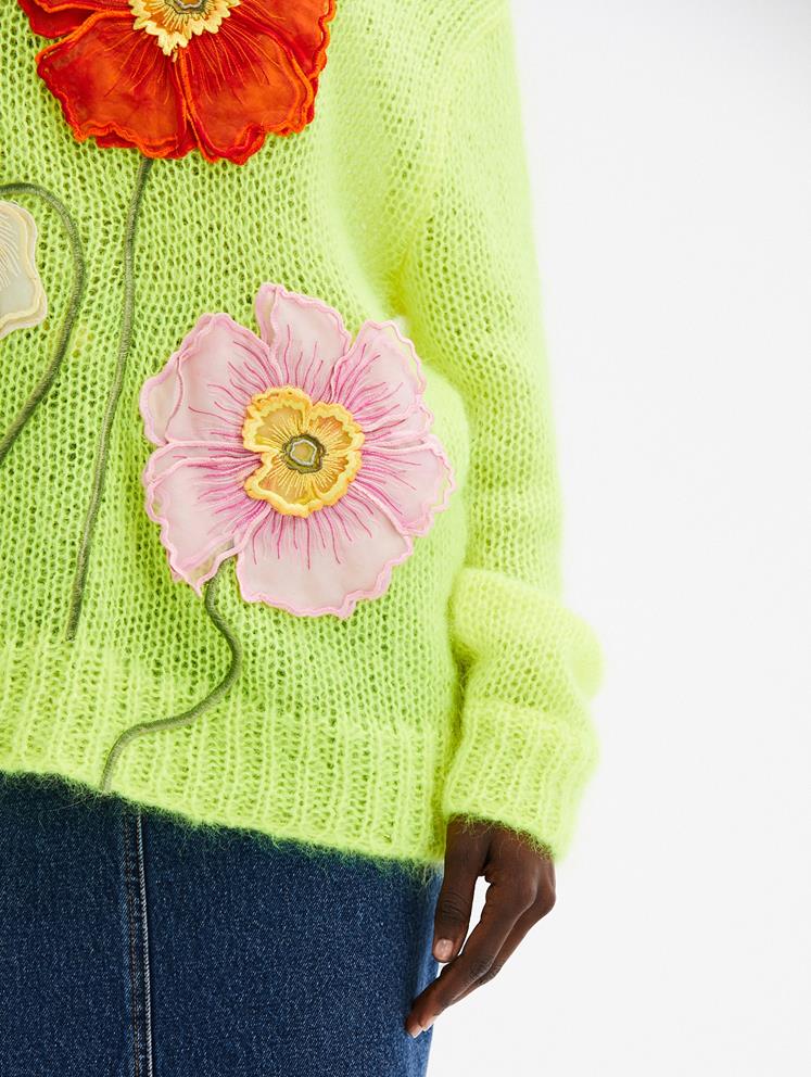 PAINTED POPPIES OVERSIZED PULLOVER - Neon Yellow Multi
