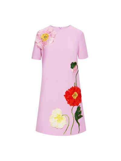 PAINTED POPPIES EMBROIDERED SHIFT DRESS - Lupine