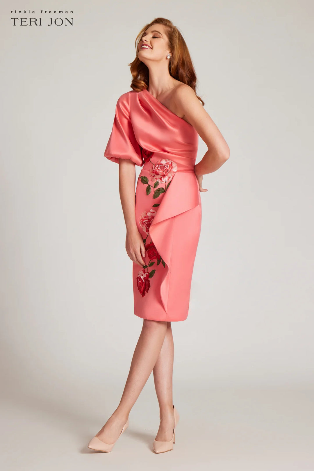 Stretch Gazar One Shoulder Puff Sleeve Dress - Coral