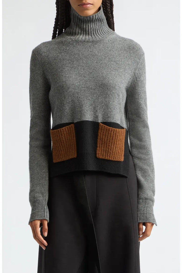 Colorblock Cashmere Turtleneck Sweater - Grey