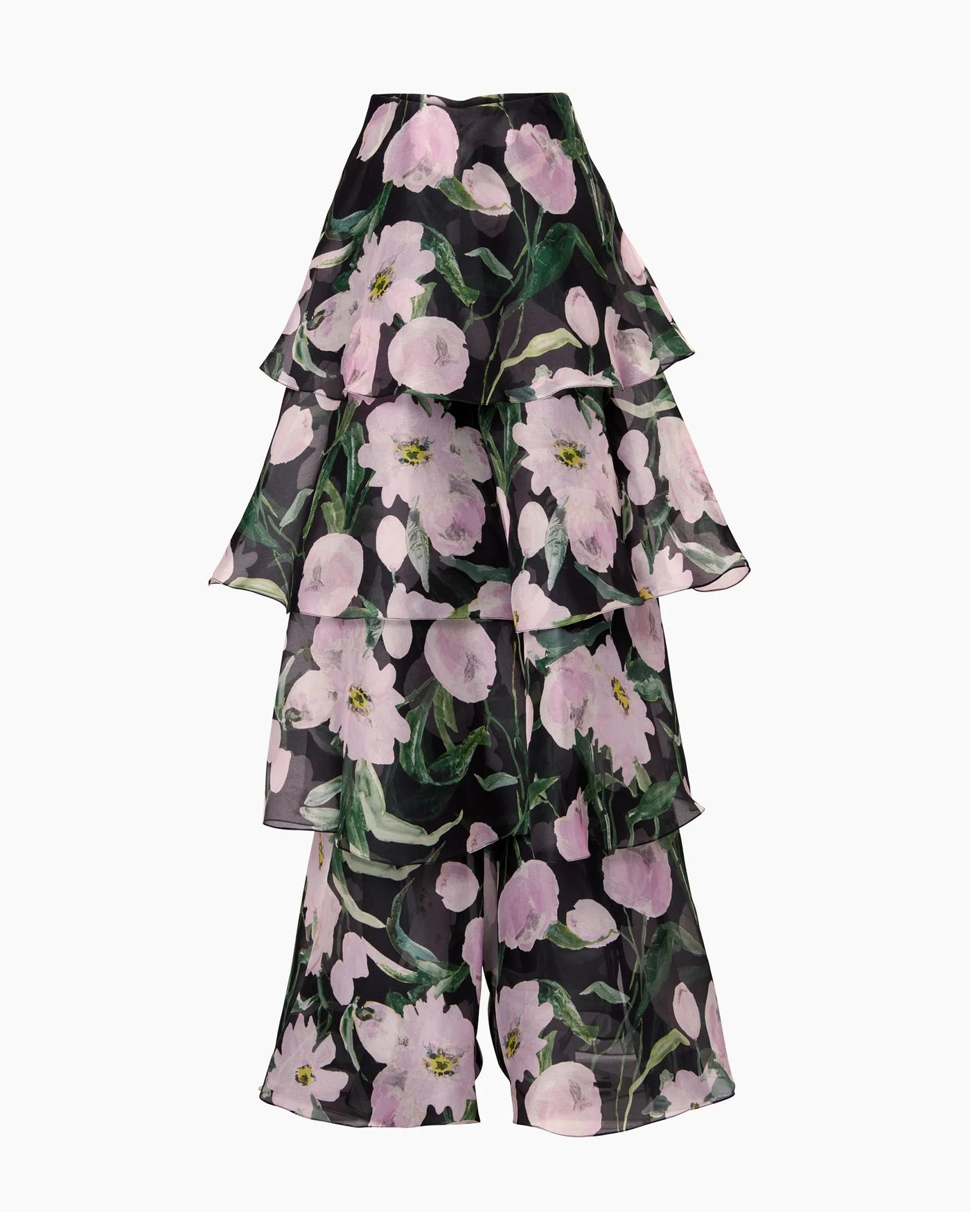 Peony-Print Organza Ruffle Palazzo Pant - Black Multi