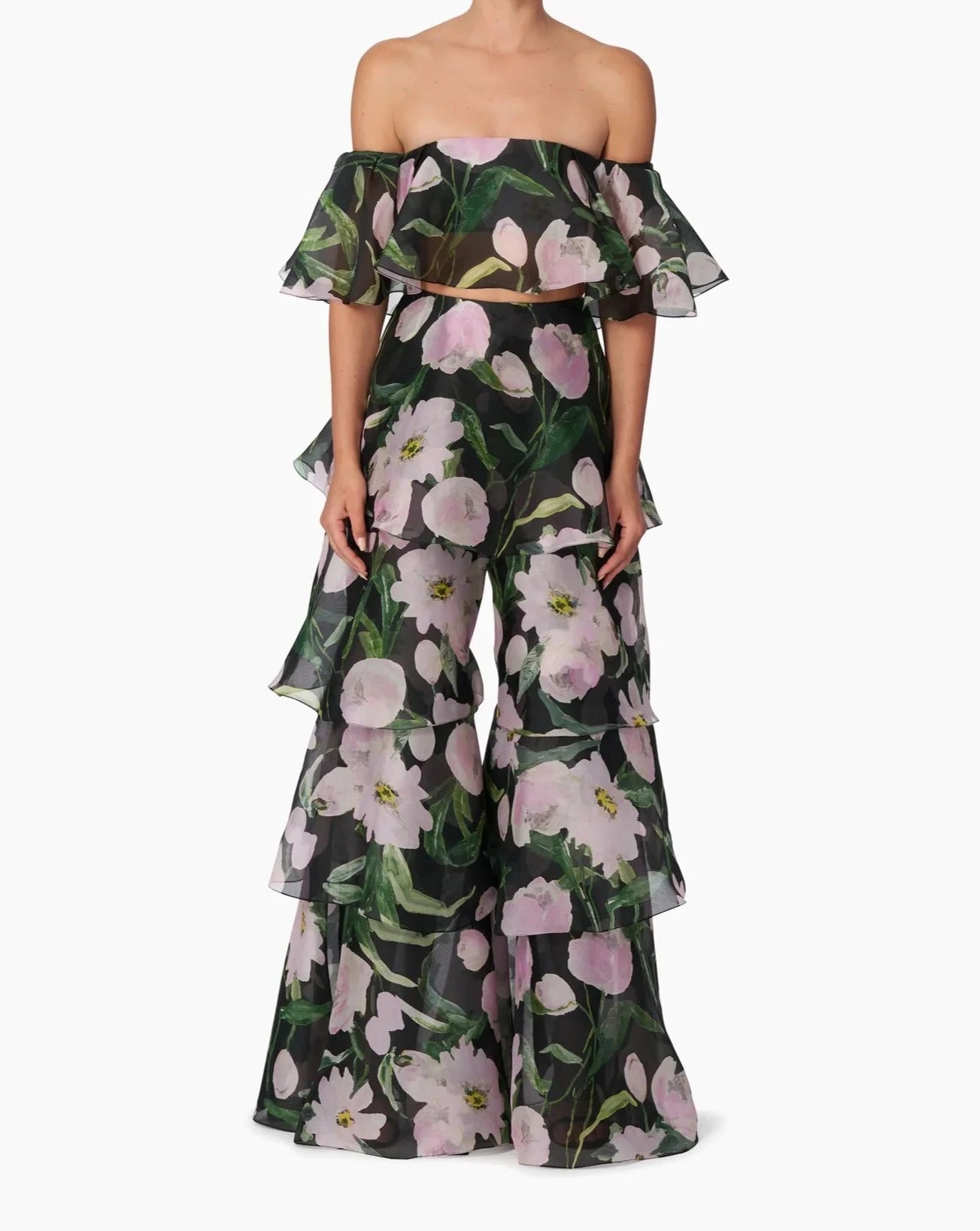 Peony-Print Organza Ruffle Palazzo Pant - Black Multi