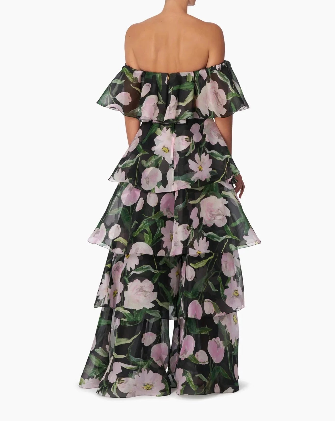 Peony-Print Organza Ruffle Palazzo Pant - Black Multi