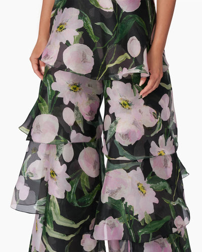 Peony-Print Organza Ruffle Palazzo Pant - Black Multi