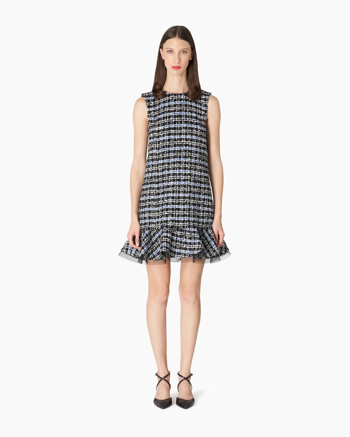 Tweed Shift Dress with Ruffle Hem - Bluebell Multi