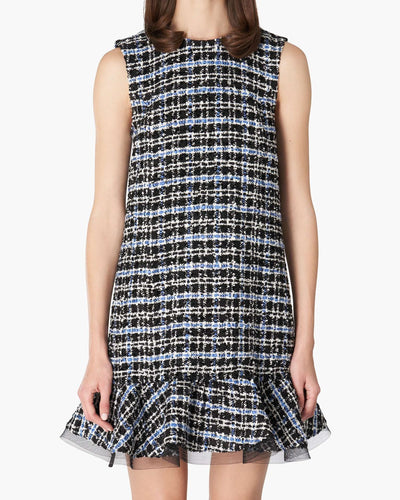 Tweed Shift Dress with Ruffle Hem - Bluebell Multi