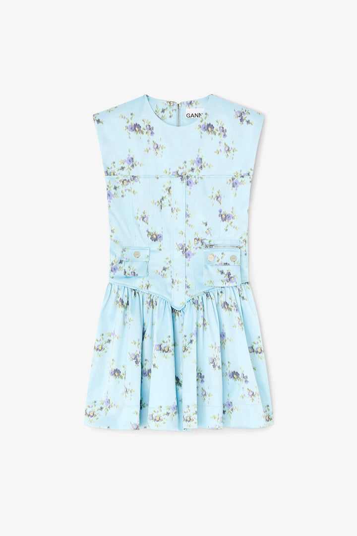 Printed Satin Mini Dress - Light Blue
