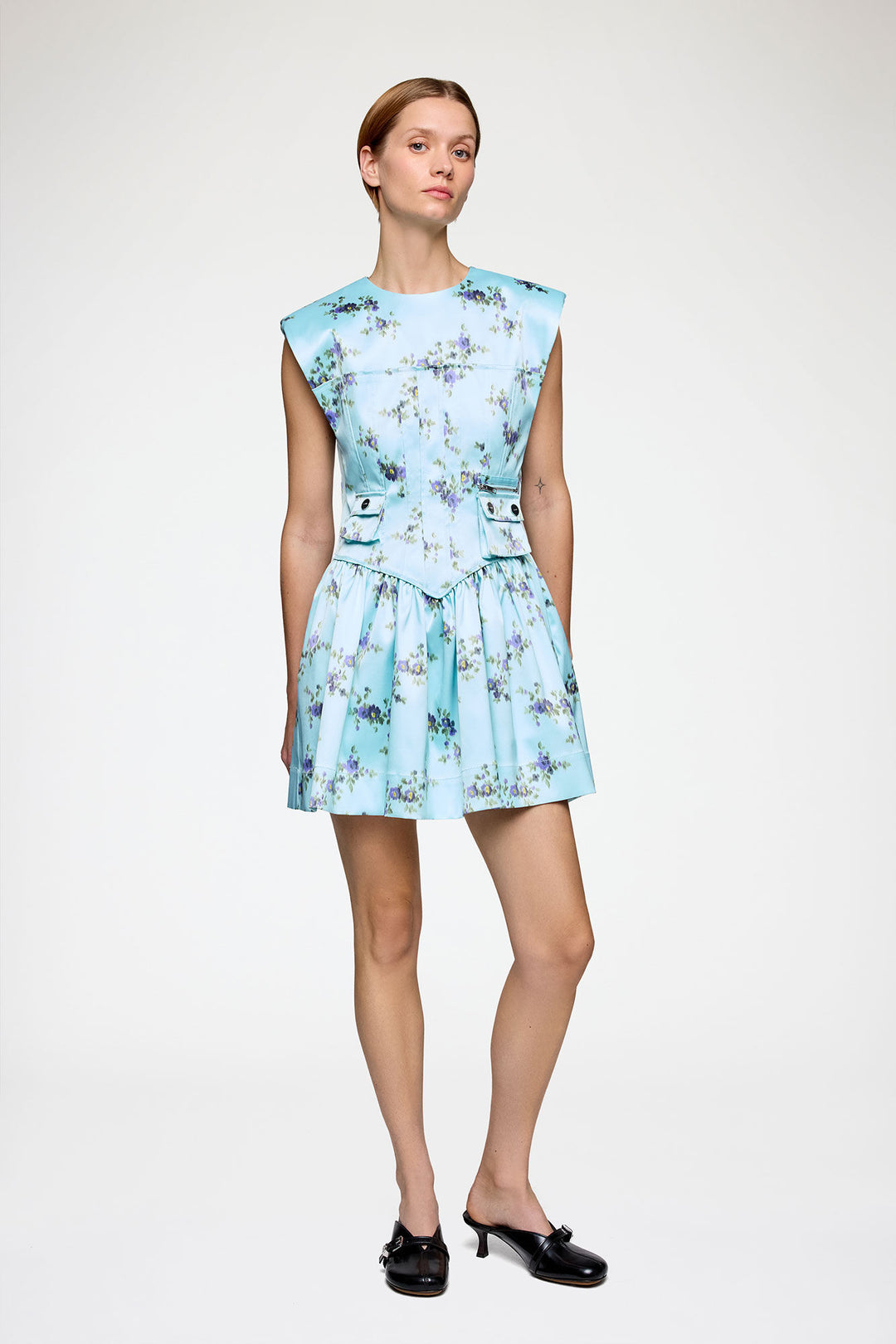 Printed Satin Mini Dress - Light Blue