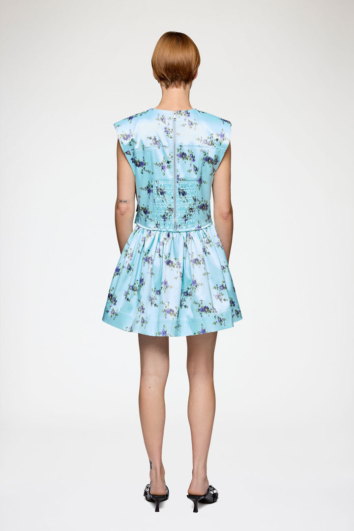 Printed Satin Mini Dress - Light Blue