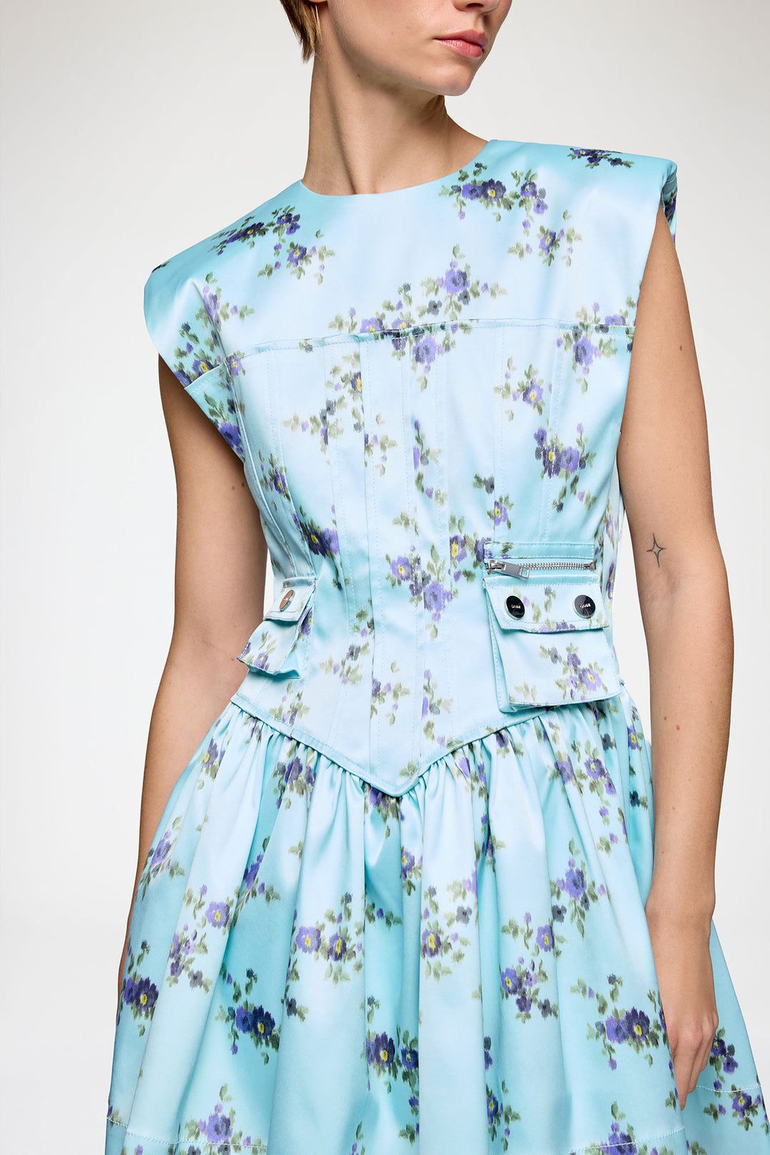 Printed Satin Mini Dress - Light Blue