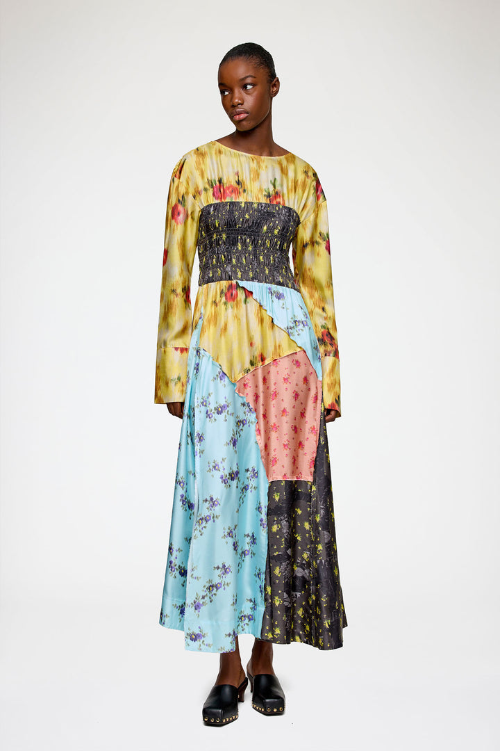 Silk Twill Patch Dress - Blue Multi