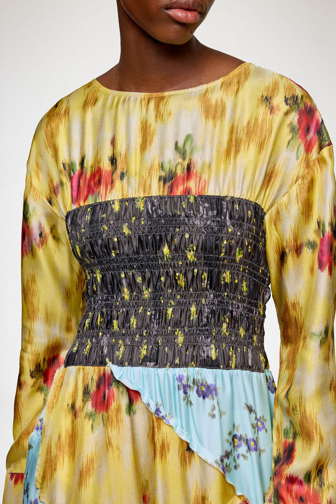 Silk Twill Patch Dress - Blue Multi