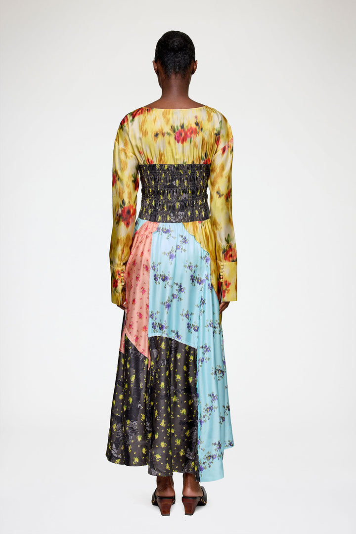 Silk Twill Patch Dress - Blue Multi