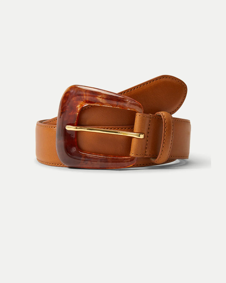 Arch Resin-Buckle Leather Belt - Cognac