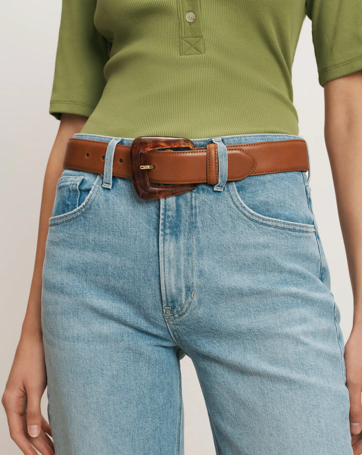 Arch Resin-Buckle Leather Belt - Cognac