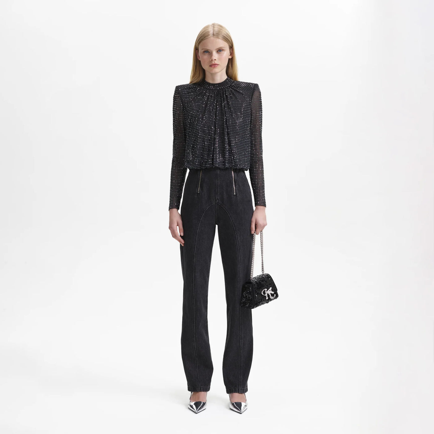 Rhinestone Mesh Top - Black