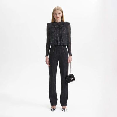 Rhinestone Mesh Top - Black