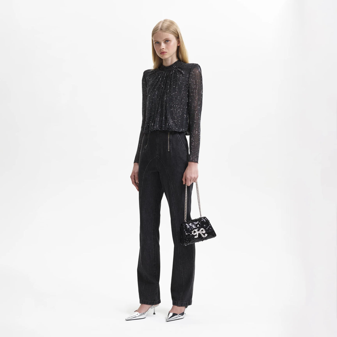 Rhinestone Mesh Top - Black