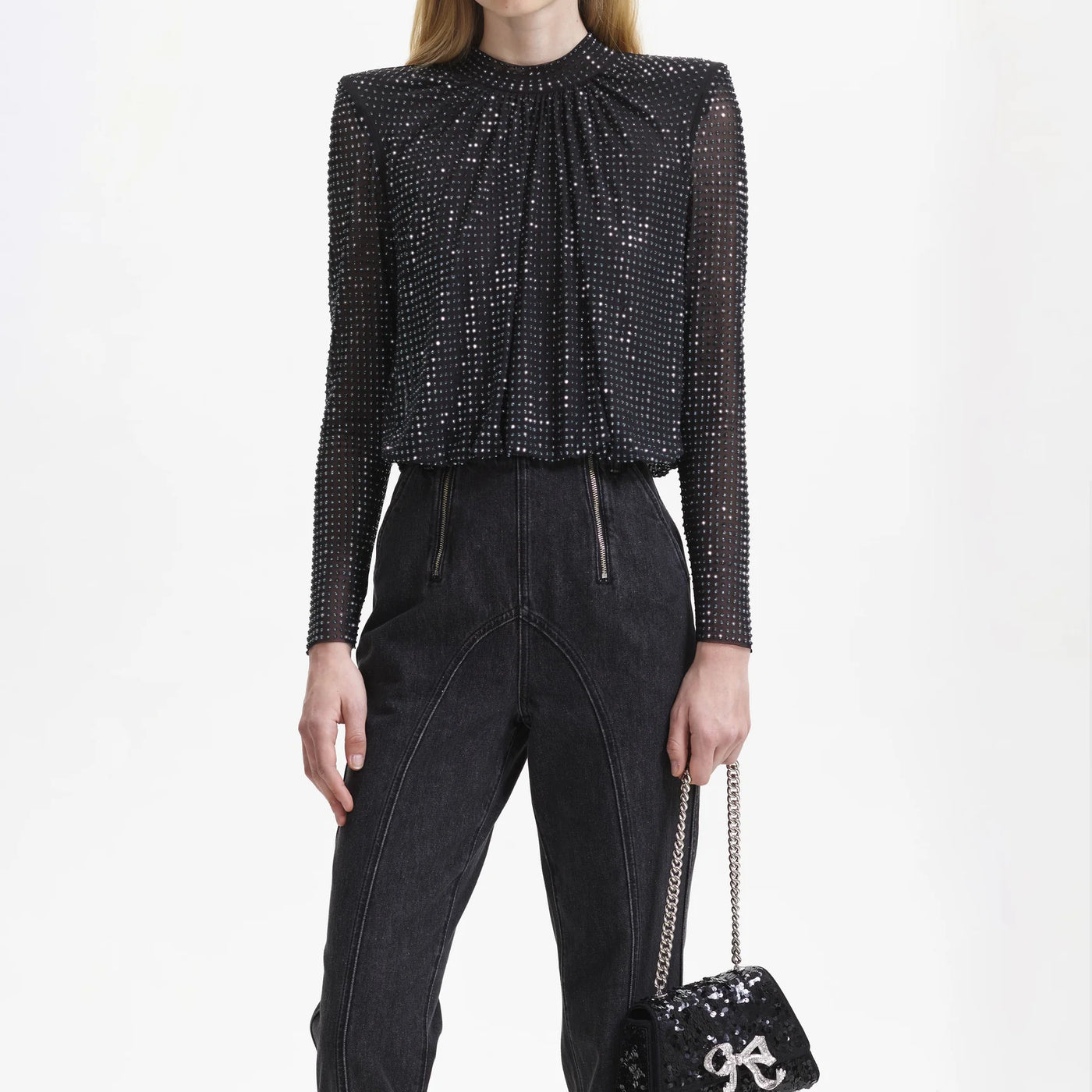 Rhinestone Mesh Top - Black