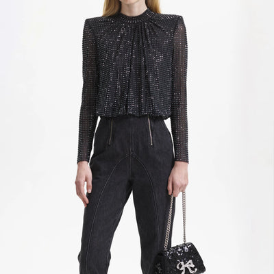 Rhinestone Mesh Top - Black