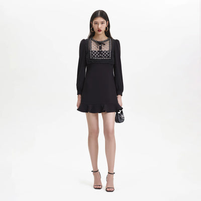 Crepe Embellished Tunic Dress - Black