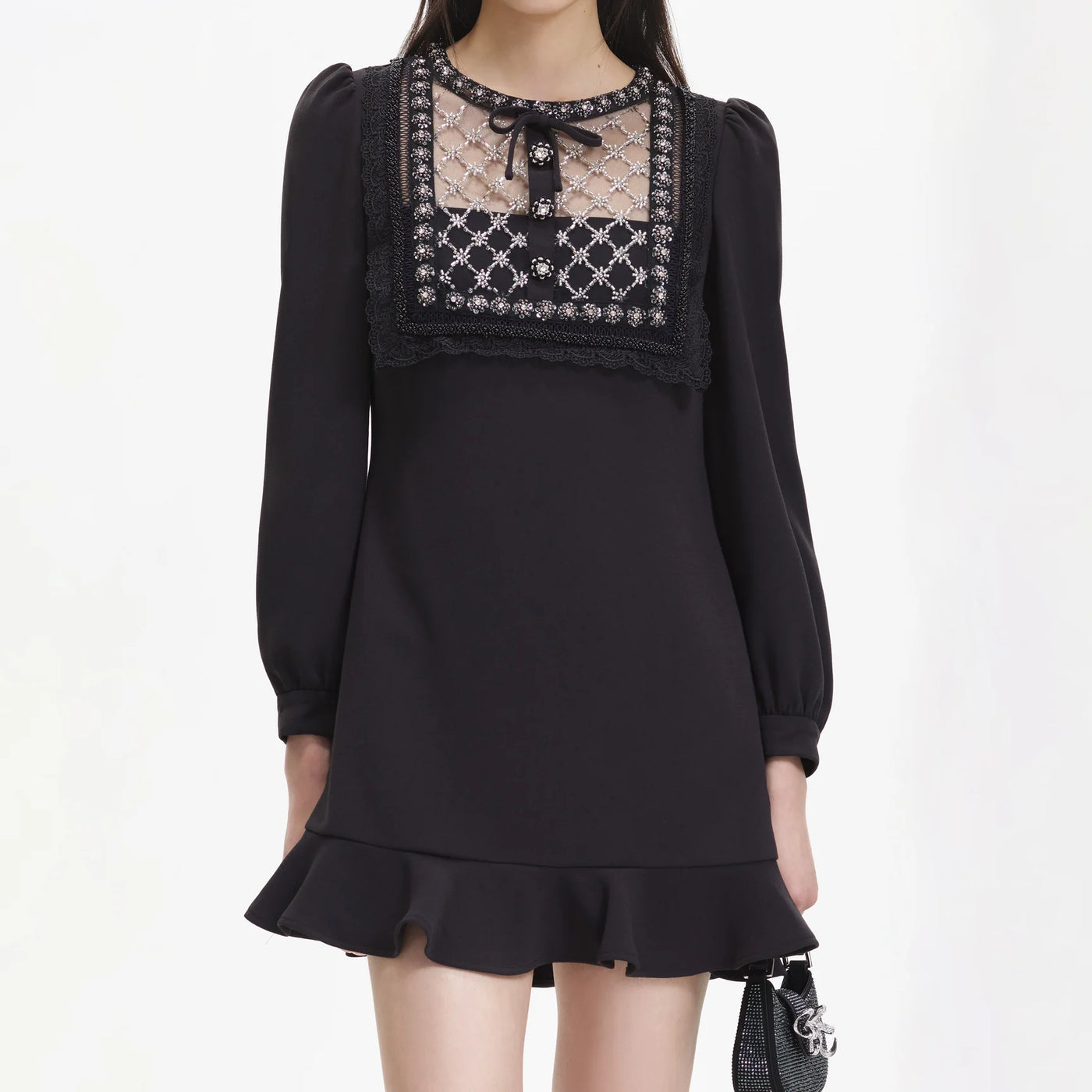Crepe Embellished Tunic Dress - Black