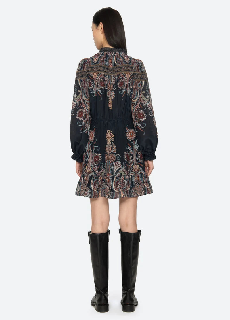 Hyacinth Print Long Sleeve Mini Dress - Navy