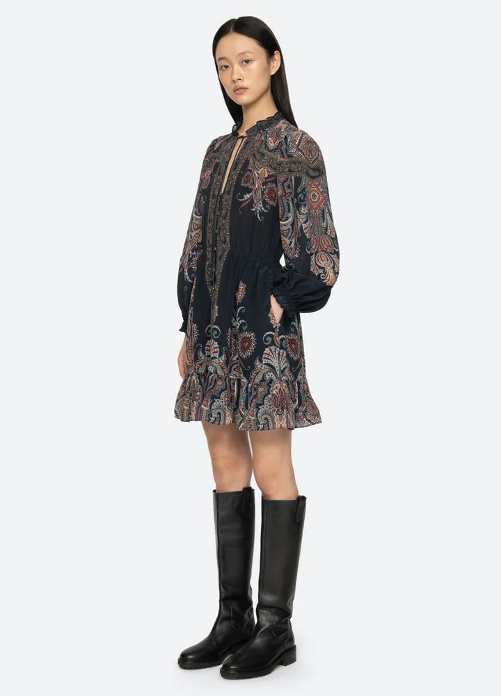 Hyacinth Print Long Sleeve Mini Dress - Navy