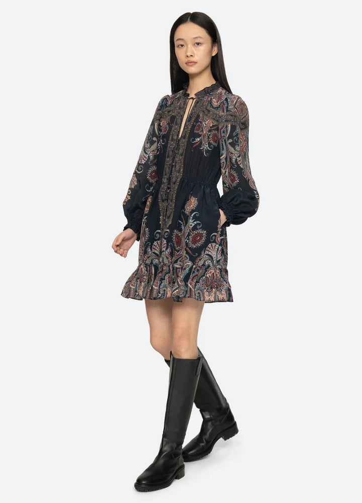 Hyacinth Print Long Sleeve Mini Dress - Navy