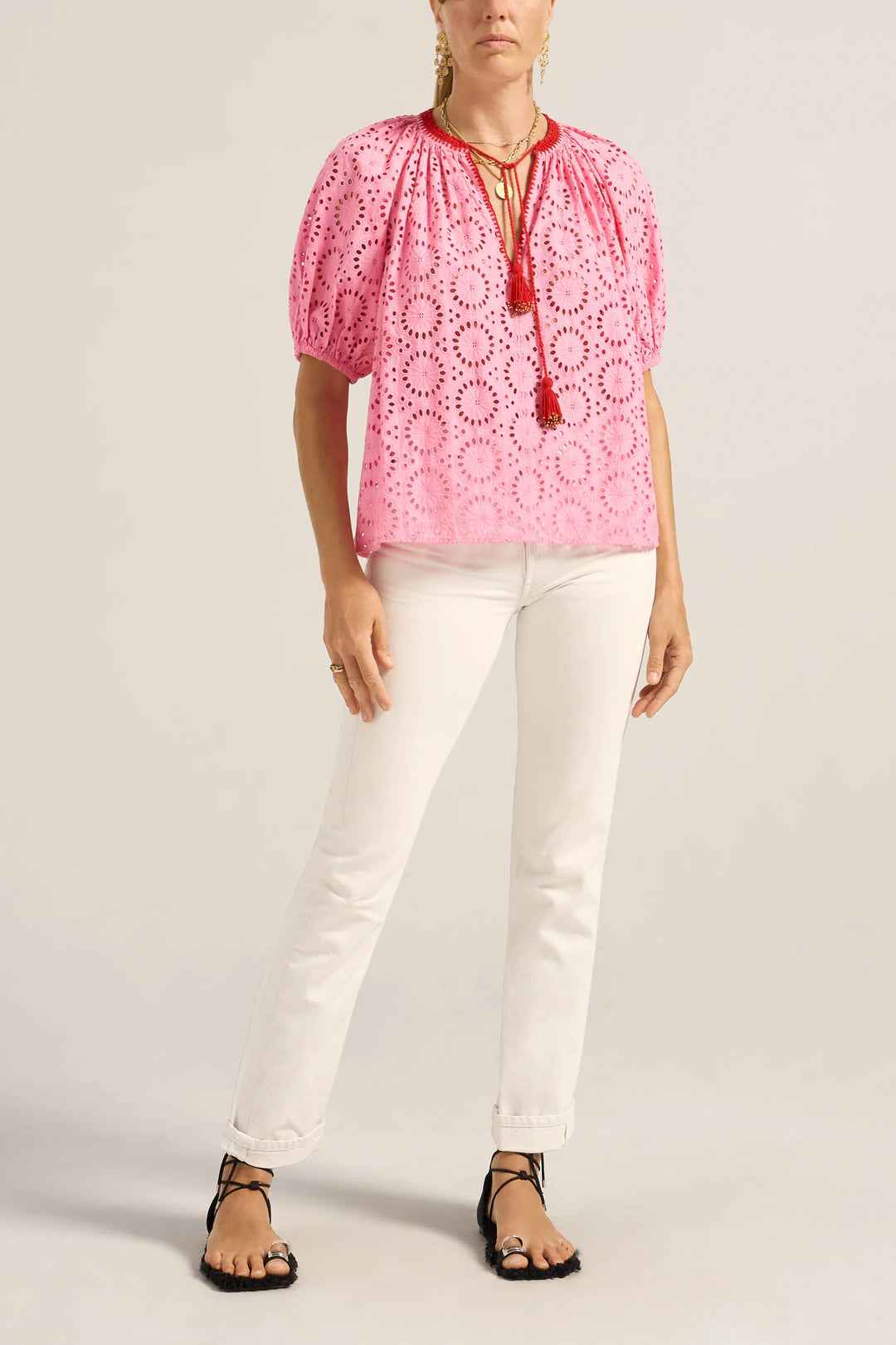 Lucidia Eyelet Top - Red/Pink