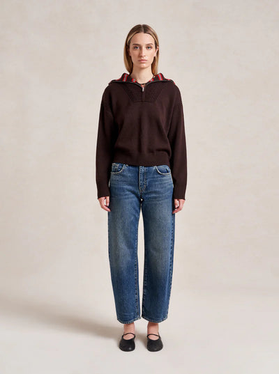 Bastien Sweater with Striped Collar - Chocolate