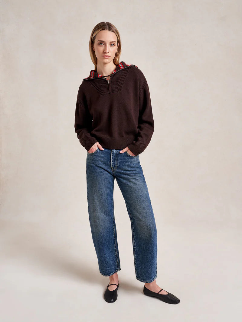 Bastien Sweater with Striped Collar - Chocolate