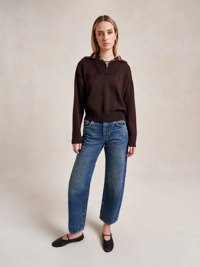 Bastien Sweater with Striped Collar - Chocolate