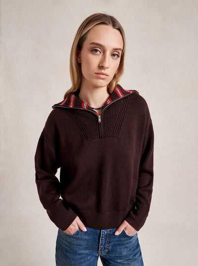 Bastien Sweater with Striped Collar - Chocolate