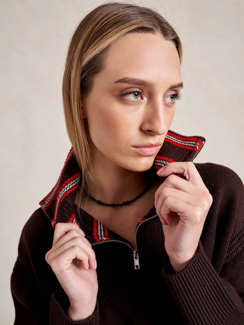 Bastien Sweater with Striped Collar - Chocolate
