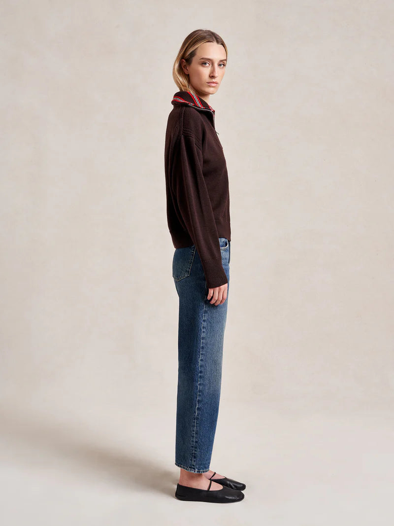 Bastien Sweater with Striped Collar - Chocolate