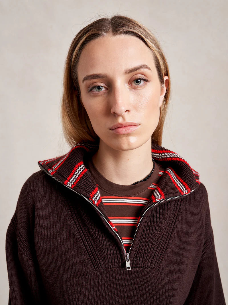 Bastien Sweater with Striped Collar - Chocolate