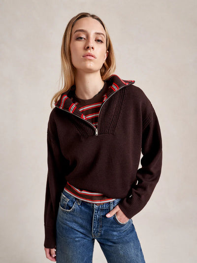 Bastien Sweater with Striped Collar - Chocolate