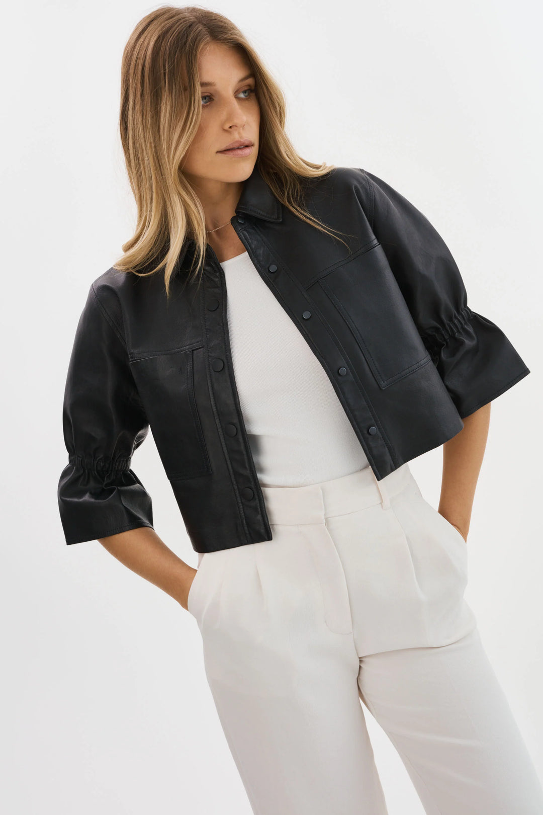 CAROLINA Leather Ruffle Sleeve Jacket - Black